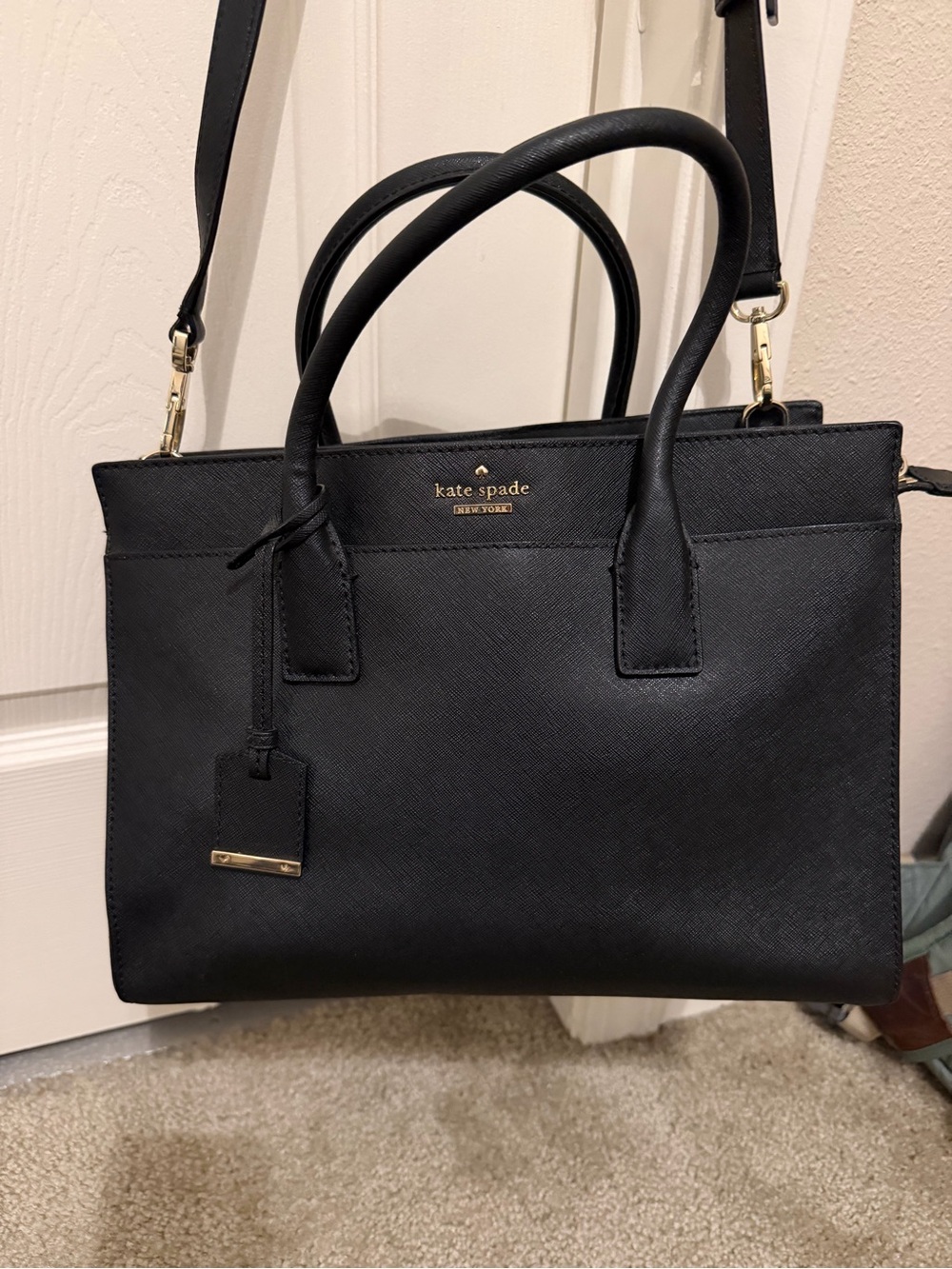 kate spade black leather satchel with gold hardware
